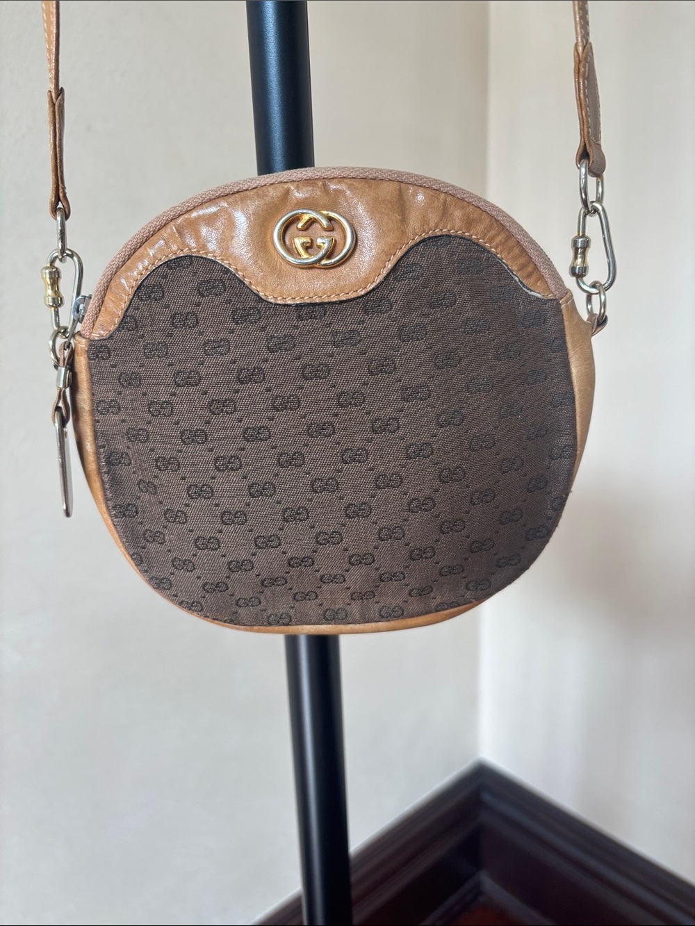 Gucci Brown GG Canvas and Tan Leather Round Crossbody